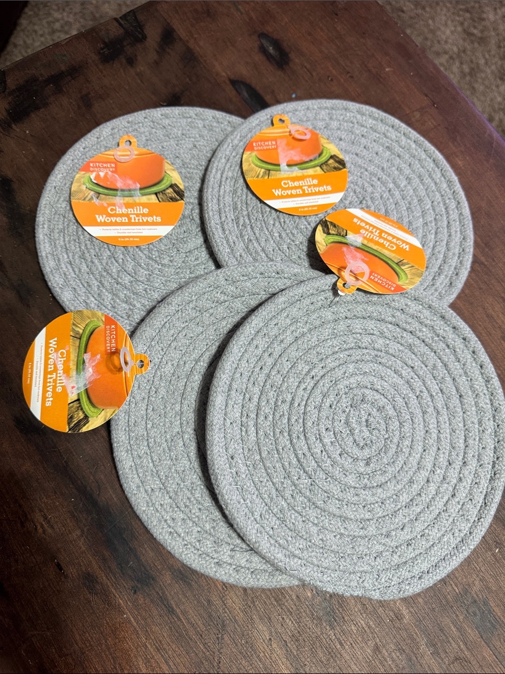 NWT Gray Chenille Woven Round Trivets - Set of 4